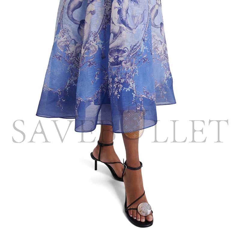 ZIMMERMANNREBELLION LACE-UP EMBELLISHED PLEATED GATHERED PRINTED LINEN AND SILK-BLEND MIDI DRESS P01129773